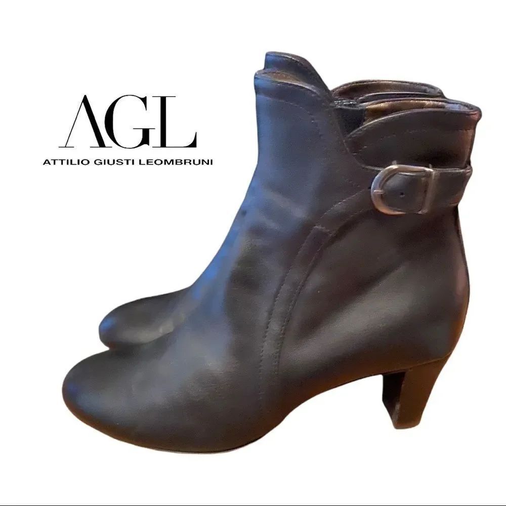 AGL Attilio Giusti Leombruni Black Leather Heeled Ankle Boots Booties 37.5 7.5